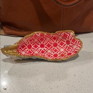 Decoupaged oyster shell trinket dishes in Lilly Pulitzer print